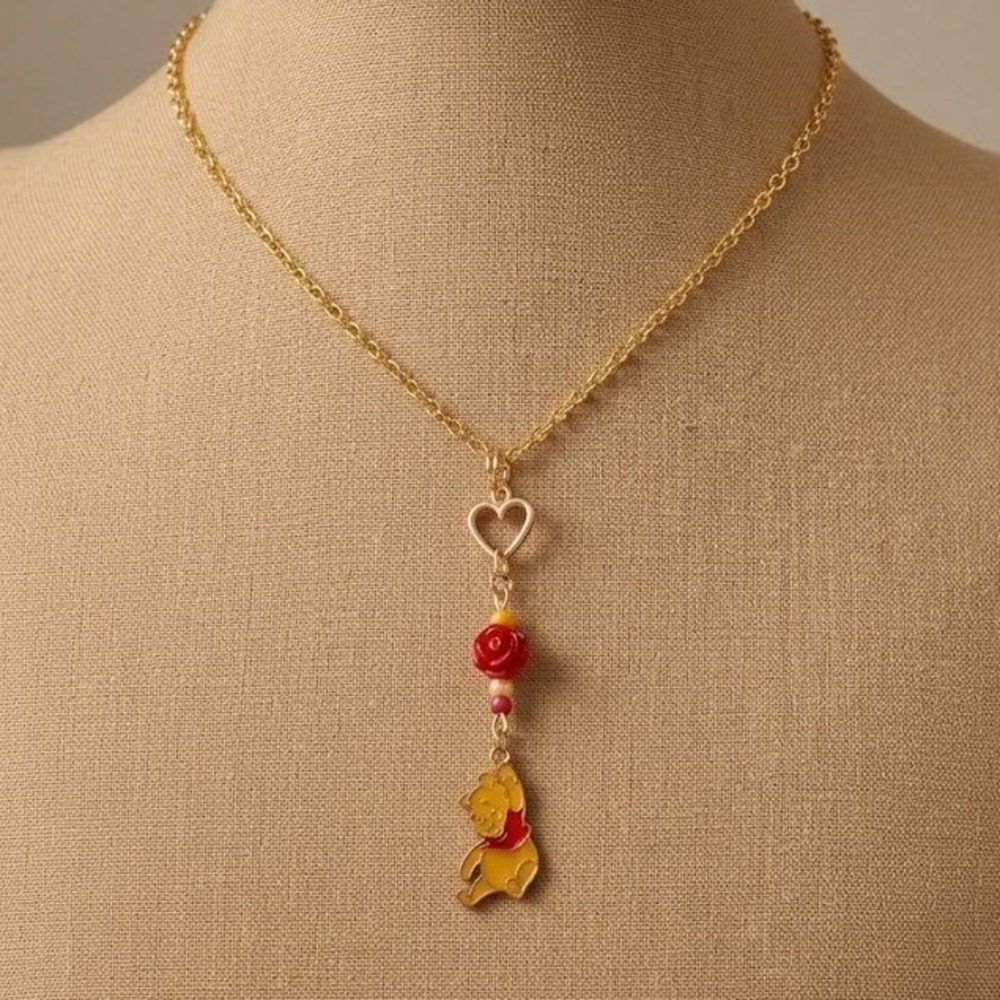 Handmade Winnie the Pooh Necklace Gold Tone Y-shape Stainless Steel #Disney